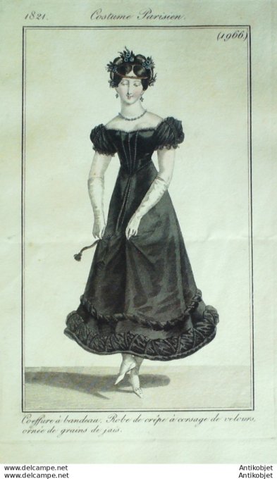 Gravure de mode Costume Parisien 1821 n°1966 Robe de crêpe à corsage