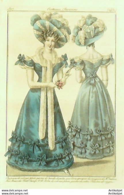Costume Parisien 1827 # 2481 Robes de velours & satin  palatine de cygne