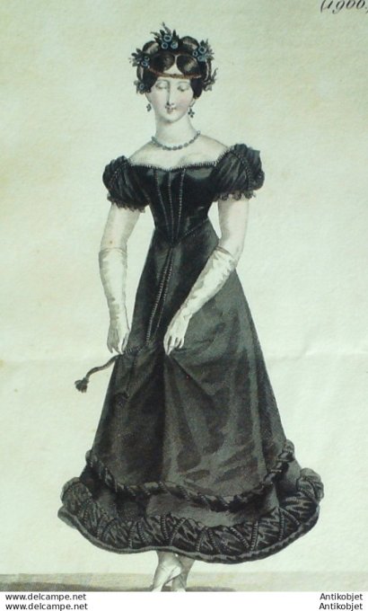 Gravure de mode Costume Parisien 1821 n°1966 Robe de crêpe à corsage