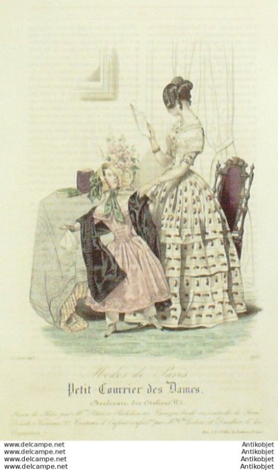Gravure Mode Courrier des Dames 1843 # 1951 (eau forte old Fashion plate)