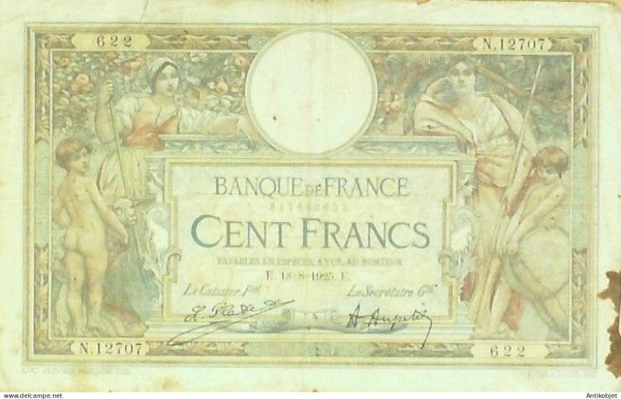 Billet Banque de France 100 francs Luc Olivier Merson Grands Cartouches E.18=8=1925 TTB