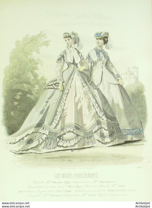 Gravure Les Modes Parisiennes 1864 #1165 Robes gros de Turin Maison Ghys