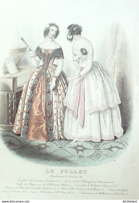 Gravure Mode Le Follet 1843 # 1214 (aquarelle Old Fashion plate)