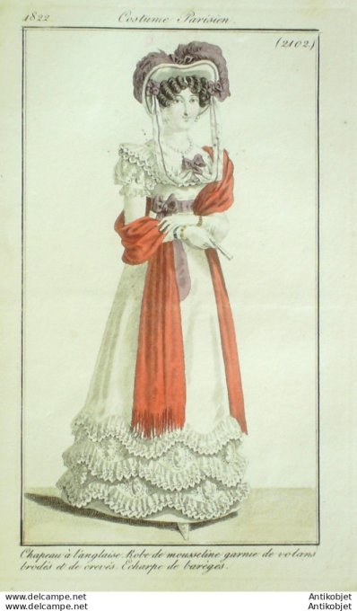 Gravure de mode Costume Parisien 1822 n°2102 Robe mousseline écharpe barèges