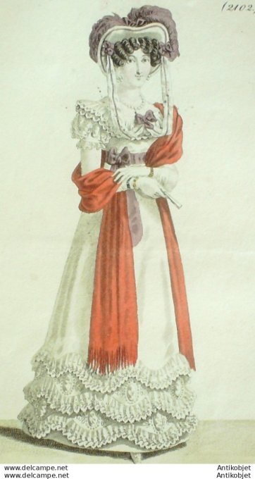 Gravure de mode Costume Parisien 1822 n°2102 Robe mousseline écharpe barèges