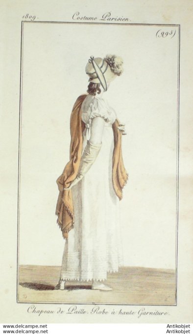 Gravure de mode Costume Parisien 1809 n° 995  Robe à haute garniture