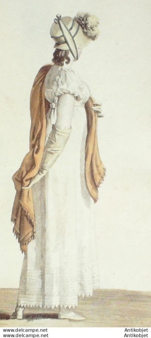 Gravure de mode Costume Parisien 1809 n° 995  Robe à haute garniture