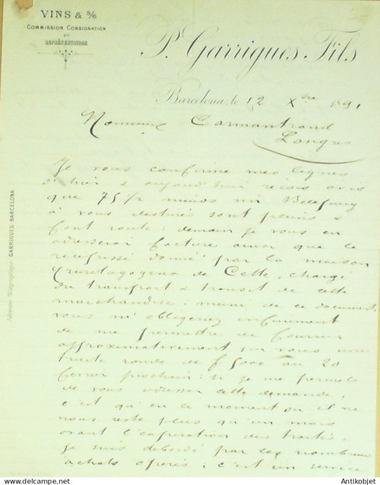 Lettre Ciale P.Garrigues fils (vins) 1892 à Barcelone 2
