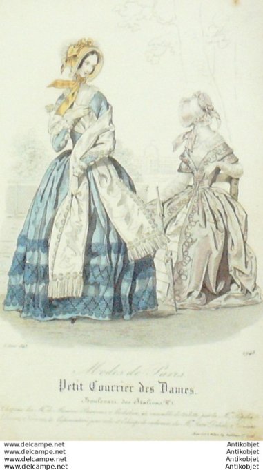 Gravure Mode Courrier des Dames 1843 # 1948 (eau forte old Fashion plate)