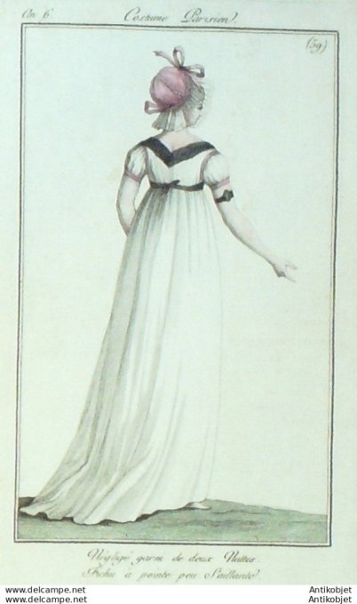 Gravure de mode Costume Parisien 1798 n° 59 (An 6) Négligé garni de deux nattes