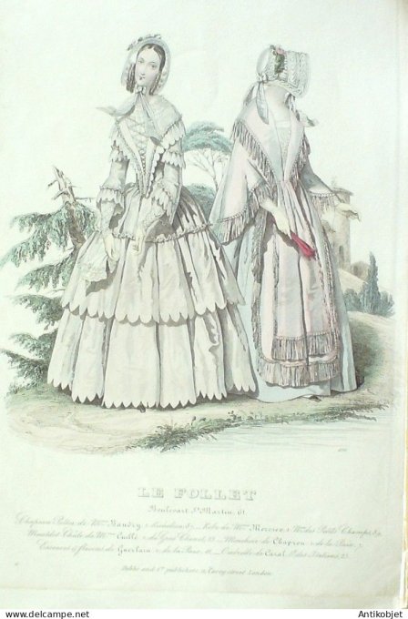 Gravure Mode Le Follet 1843 # 1170 (aquarelle Old Fashion plate)