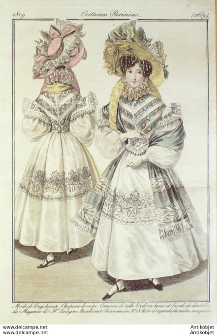 Gravure de mode Costume Parisien 1829 n°2689 Canezou de tulle Robe d'organdi