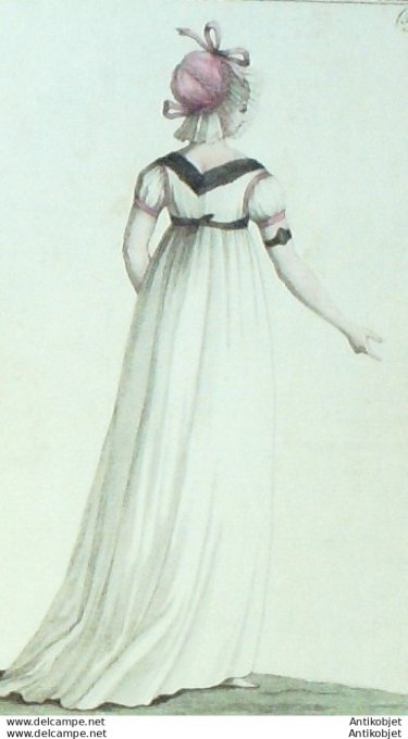 Gravure de mode Costume Parisien 1798 n° 59 (An 6) Négligé garni de deux nattes