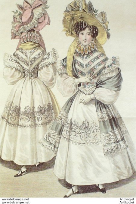 Gravure de mode Costume Parisien 1829 n°2689 Canezou de tulle Robe d'organdi