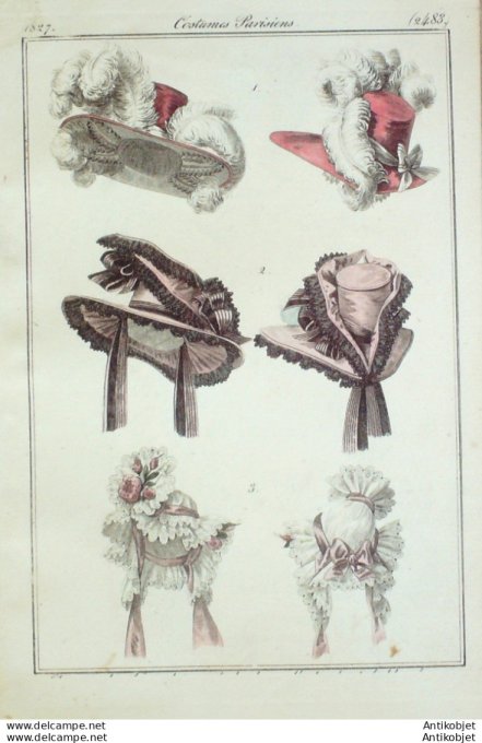 Costume Parisien 1827 # 2483 Toques chapeaux velours bonnets