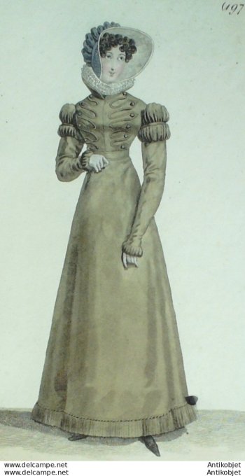 Gravure de mode Costume Parisien 1821 n°1972c Robe de Mérinos  garnie d'une frange