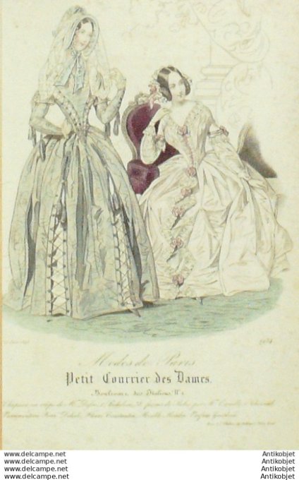 Gravure Mode Courrier des Dames 1843 # 1934 (eau forte old Fashion plate)