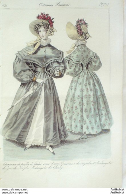 Gravure de mode Costume Parisien 1831 n°2910 Redingote gros de Naples & Charly