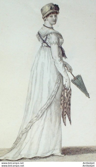 Gravure de mode Costume Parisien 1804 n° 544 (An 12) Chapeau de paille à bourelet
