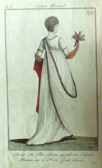 Gravure Mode Costume Parisien 1797 an  6 #  57 (eau forte old Fashion plate