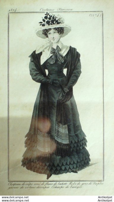 Gravure de mode Costume Parisien 1824 n°2274 Robe gros de Naples velours