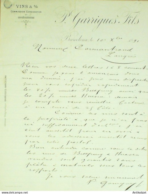 Lettre Ciale P.Garrigues fils (vins) 1891 à Barcelone 3