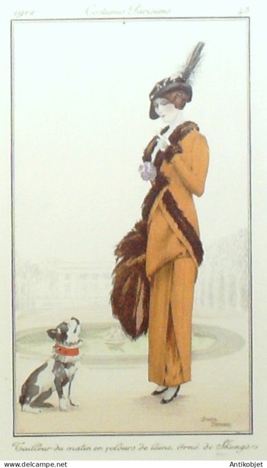 Gravure de mode Costume Parisien 1912 pl.43 BRODERS Roger Tailleur velours