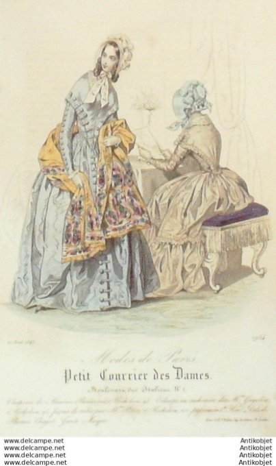 Gravure Mode Courrier des Dames 1843 # 1954 (eau forte old Fashion plate)