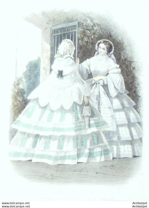 Gravure Les Modes Parisiennes 1856 # 751 Robes de promenade Maison Delisle