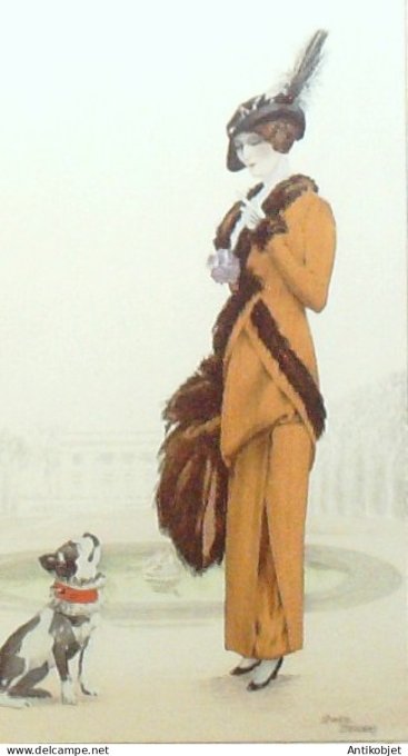 Gravure de mode Costume Parisien 1912 pl.43 BRODERS Roger Tailleur velours