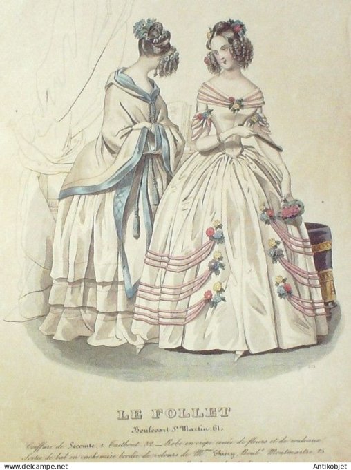 Gravure Mode Le Follet 1842 # 975 (aquarelle Old Fashion plate)
