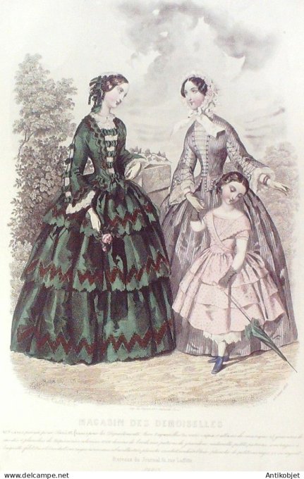 Gravure Mode Magasin Demoiselles 1863 #  8 (aquarellee Old Fashion plate)