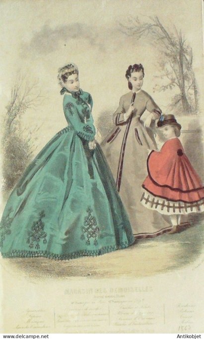 Gravure Mode Magasin Demoiselles 1863 # 10 (aquarellee Old Fashion plate)