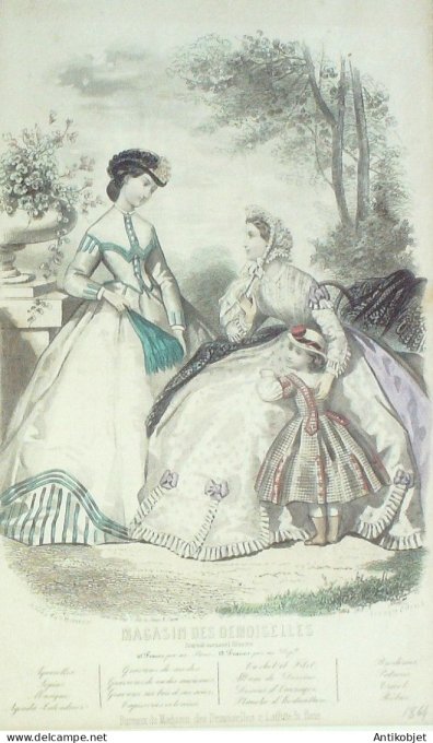 Gravure Mode Magasin Demoiselles 1864 #  7 (aquarellee Old Fashion plate)
