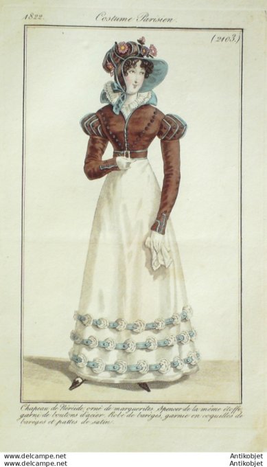 Gravure de mode Costume Parisien 1822 n°2103 Robe de barèges Spencer garni