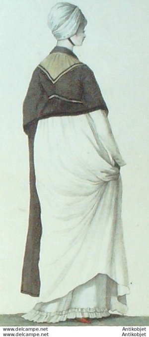 Gravure de mode Costume Parisien 1798 n° 60 (An 6) Postiche falbalas  sous la robe