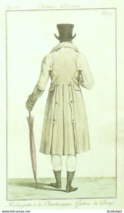 Costume Parisien 1805 an 13 # 607 (eau forte) Redingote homme Charlemagne