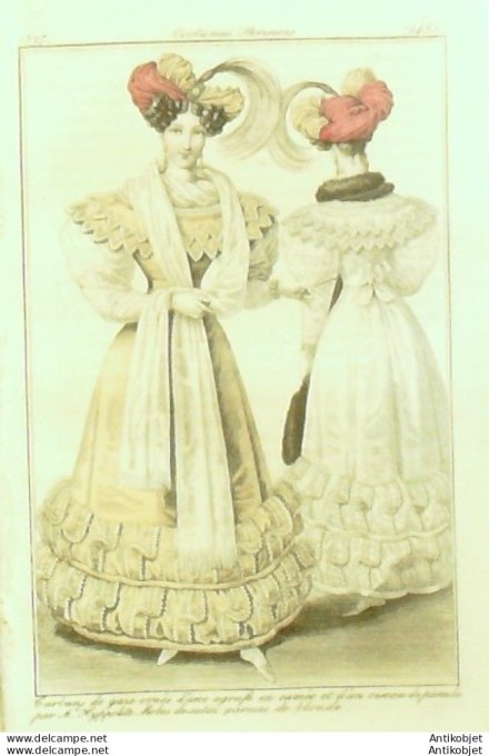 Costume Parisien 1827 # 2485 Robes de satin garnies de blonde