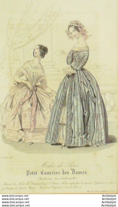 Gravure Mode Courrier des Dames 1843 # 1938 (eau forte old Fashion plate)