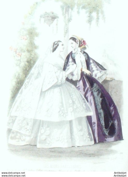 Gravure Les Modes Parisiennes 1856 # 752 Robe mariée Maison Collot