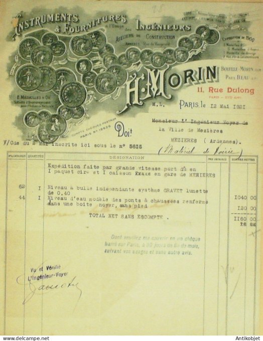 Facture H.Morin (Fournitures d'outillage) 1921 à Paris 15