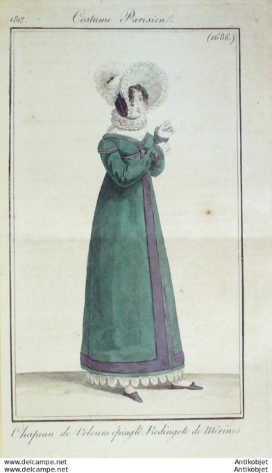 Gravure de mode Costume Parisien 1817 n°1686 Redingote de mérinos