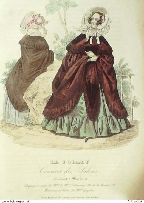 Gravure Mode Le Follet 1841 # 712 (aquarelle Old Fashion plate)