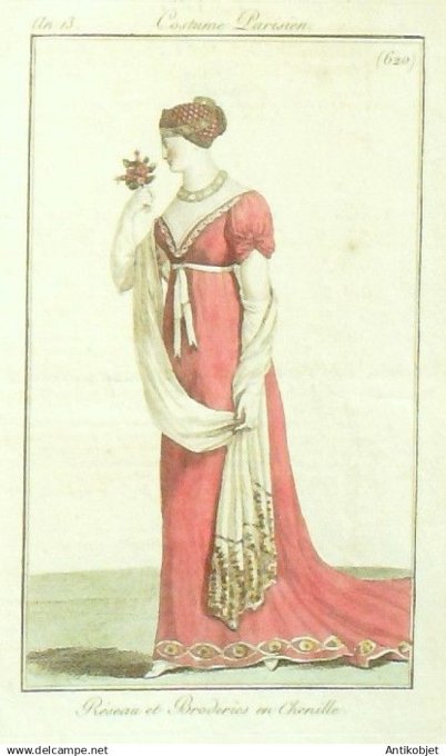Costume Parisien 1805 an 13 # 620 (eau forte) Réseau et broderies en chenille
