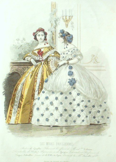 Gravure Les Modes Parisiennes 1849 # 586 Robes velours Maison Cagelin