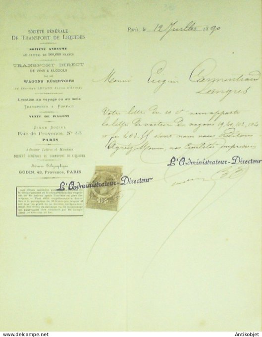 Facture Transport direct (Liquides) 1890 à Paris 9