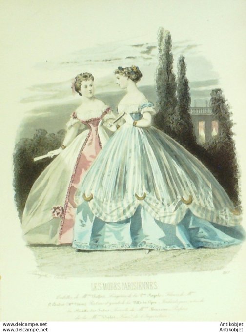 Gravure Les Modes Parisiennes 1864 #1167 Robes de bal Maison Pieffort