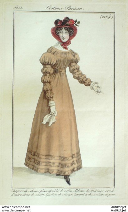 Gravure de mode Costume Parisien 1822 n°2104 Blouse Mérinos entre deux satin