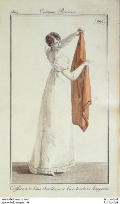 Gravure de mode Costume Parisien 1809 n° 999 Coiffure à la titus bouclée