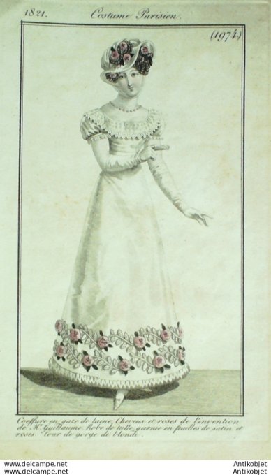 Gravure de mode Costume Parisien 1821 n°1974 Robe de tulle garnie en feuilles